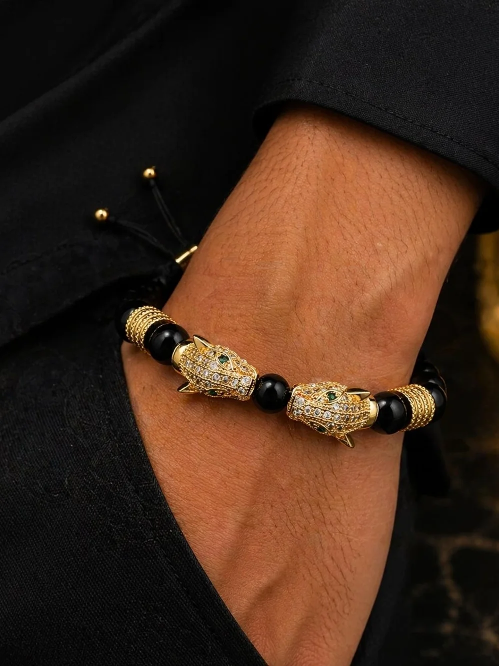 Black and Gold Panther Head Beaded Bracelet - Men's Fashion Jewelry